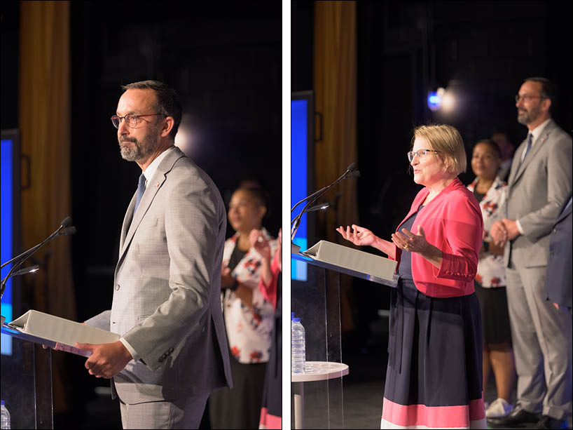 Minister Nolan Quinn and Deputy Premier and Minister of Health Sylvia Jones speaking at podium. 