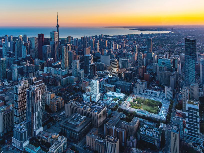 An aerial view of the Toronto skyline with the TMU quad.