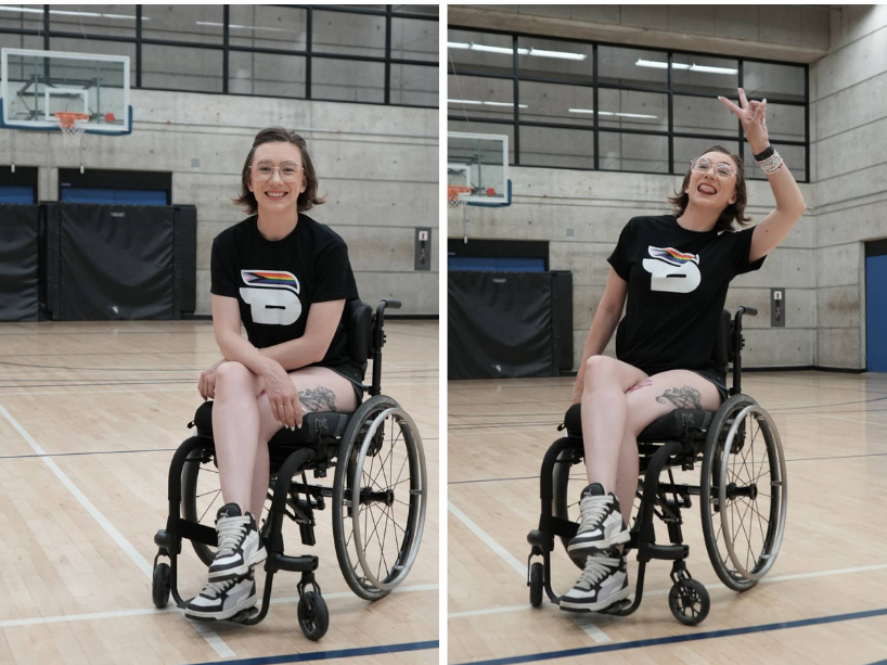 A young woman in a wheelchair on a basketball court. 