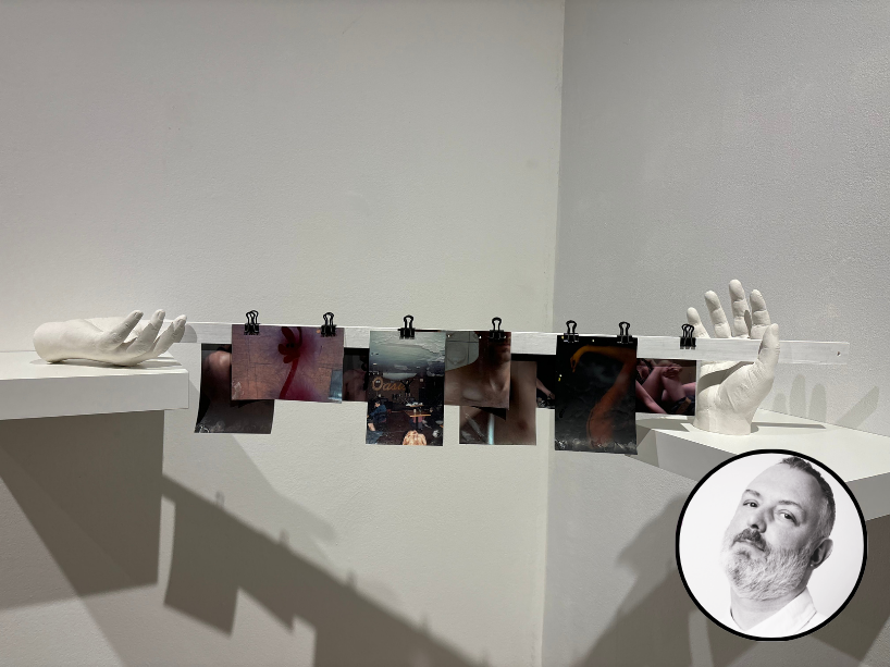 Overlay of circular headshot of Stephen Severn on art project.