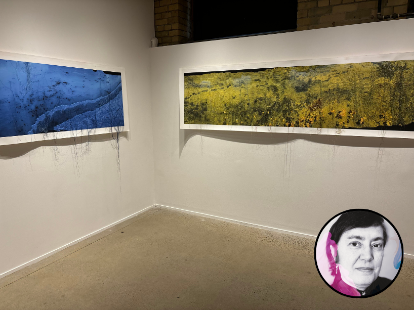 Overlay of circular headshot of Paola Polettoon on art project.