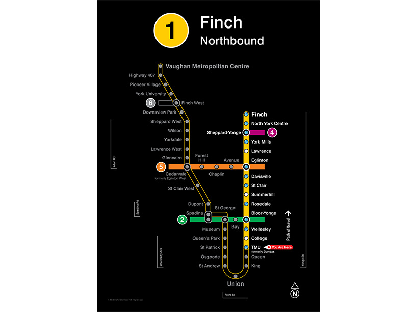 An updated TTC map pointing out the new TMU Station stop with a red and white arrow.