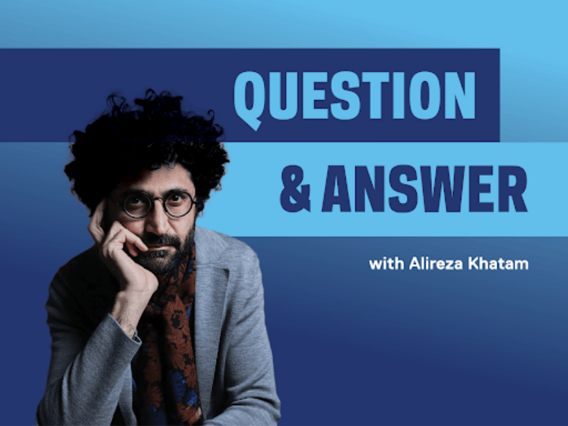 Blue background with Alireza Khatami’s headshot.