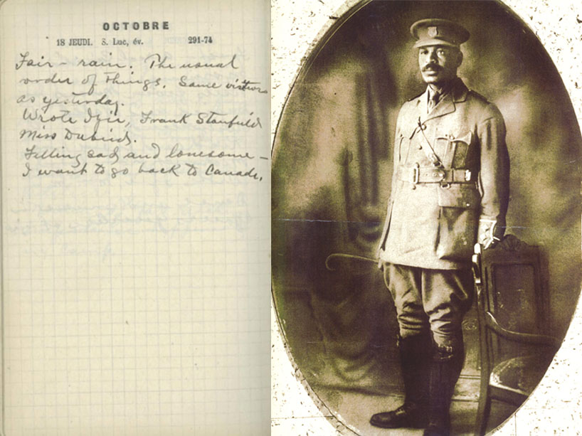 Left: A handwritten diary page. Right: Captain William Andrew White in his uniform.