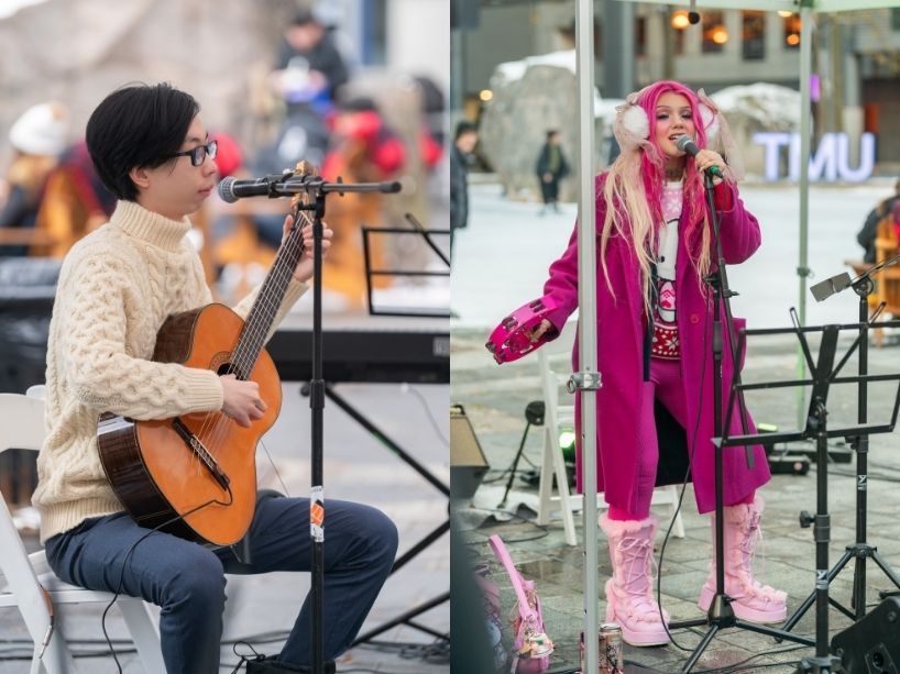  (Two separate photos)  TMU student plays guitar for passersby. A singer wearing all pink performs.