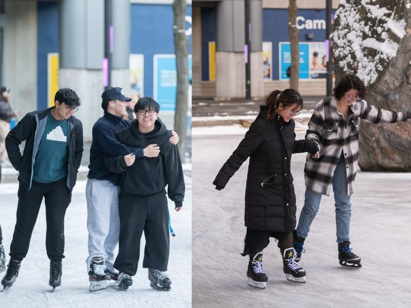 People try skating on an ice rink.