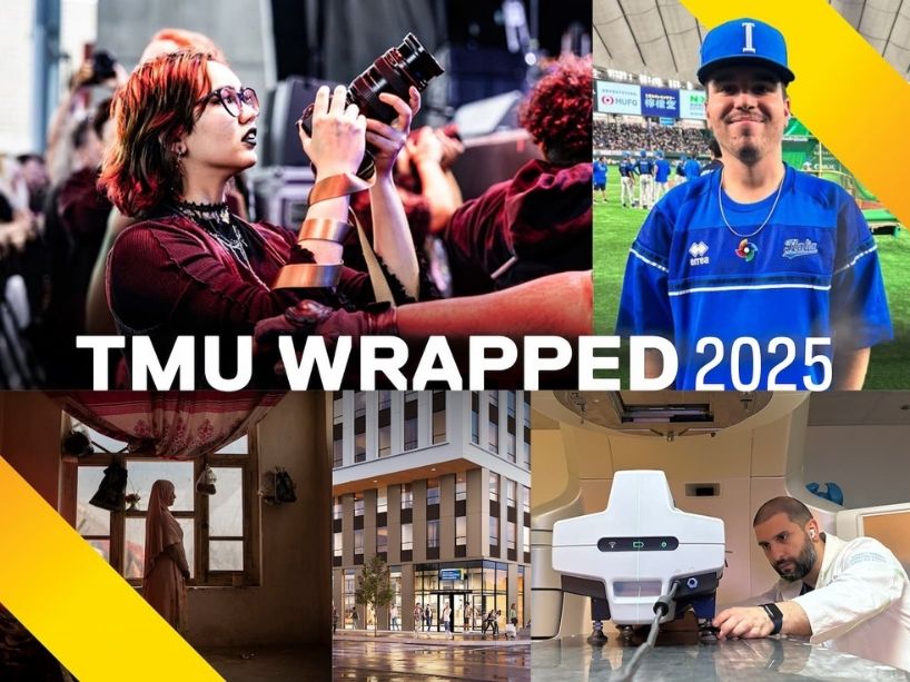 A collage of images from various stories with a graphic that says ‘TMU Wrapped 2025’ and yellow ribbon on the corners.