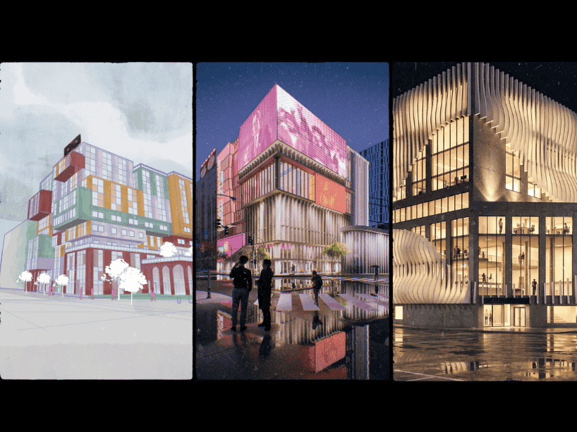 Three student designs of the future law school building.