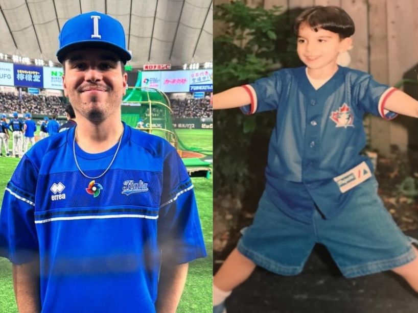  Anthony Lucchese on a baseball field, and at right, as a kid in a Toronto Blue Jays jersey.