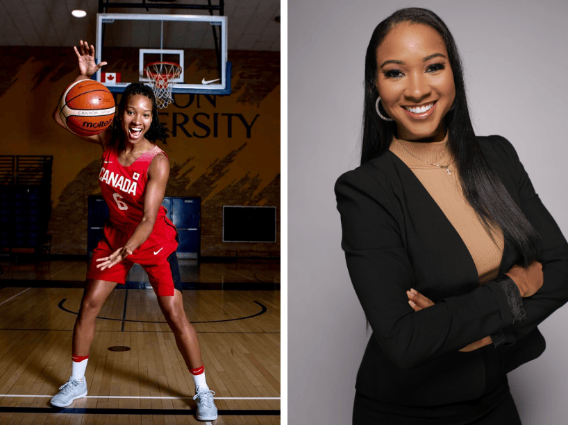 Side by side photos of Mariah Thomas playing basketball and a headshot.