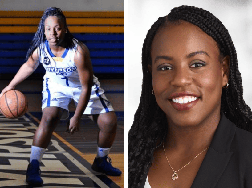 Side by side of Keneca Pingue-Giles playing basketball and a headshot.
