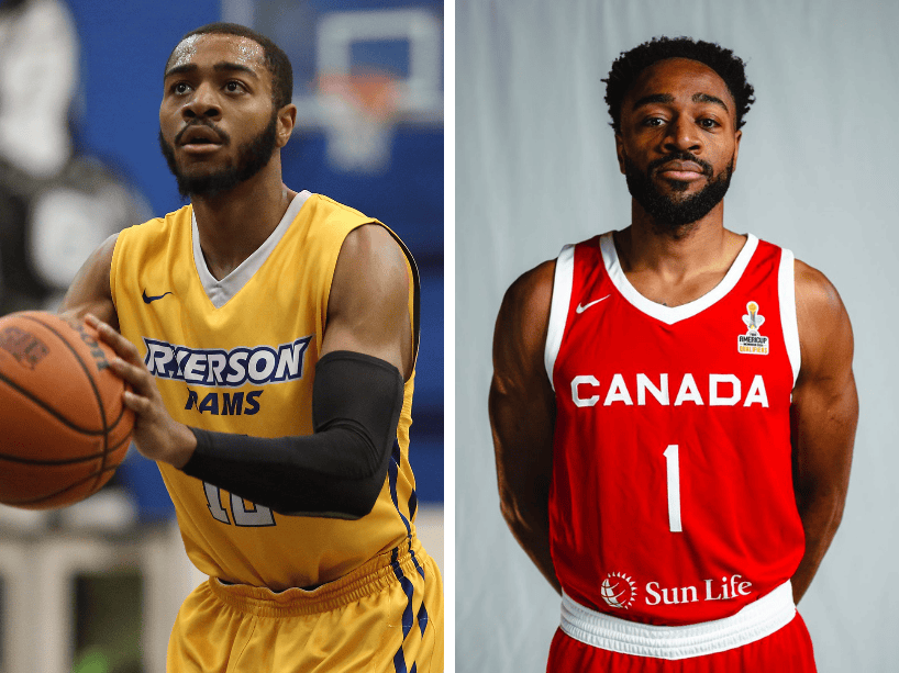 Side by side of Aaron Best holding basketball and headshot.