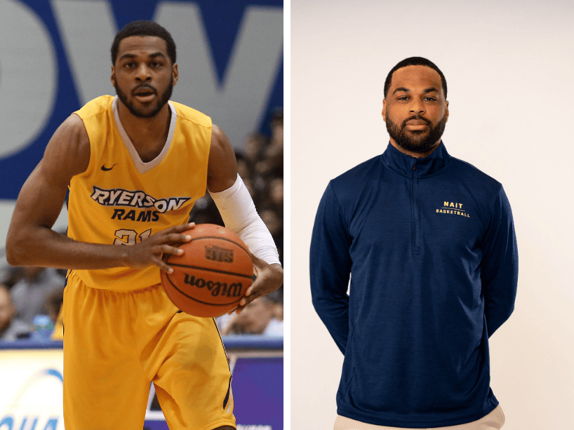 Side by side of Peter-McNeilly playing basketball and headshot.