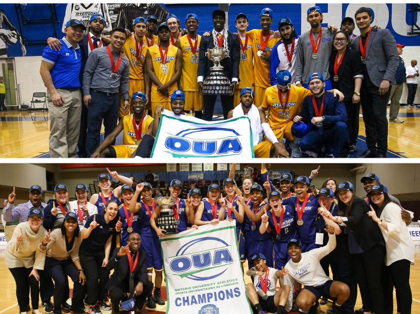 Split photo of men’s and women’s basketball team posing with trophy.
