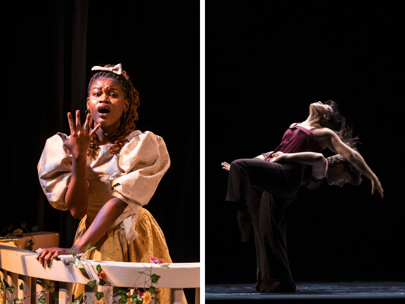 Split photo of actress holding up hand and two dancers.