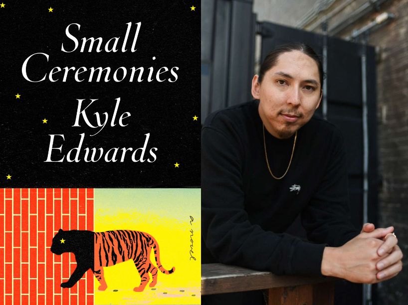 The book cover for Small Ceremonies, showing a half black and half-striped tiger, alongside a headshot of Kyle Edwards.