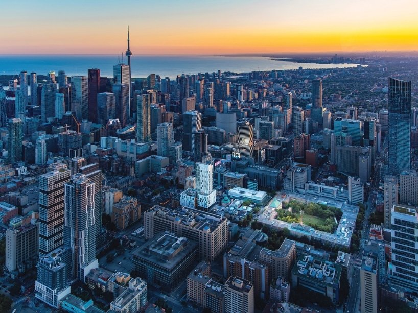 An aerial view of the Toronto skyline with the TMU quad.