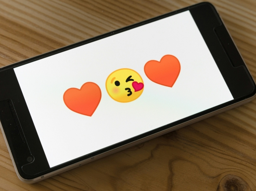 Cell phone showing three emojis: two red hearts with a kissing smiley face in the middle.