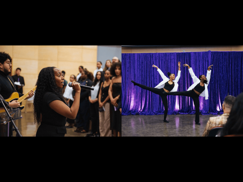Young woman singing into a microphone. / Two dancers in a synchronous routine with their right leg and arms in the air. 