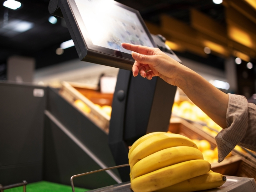 A shopper scans though a bunch of bananas at a self-checkout kiosk.