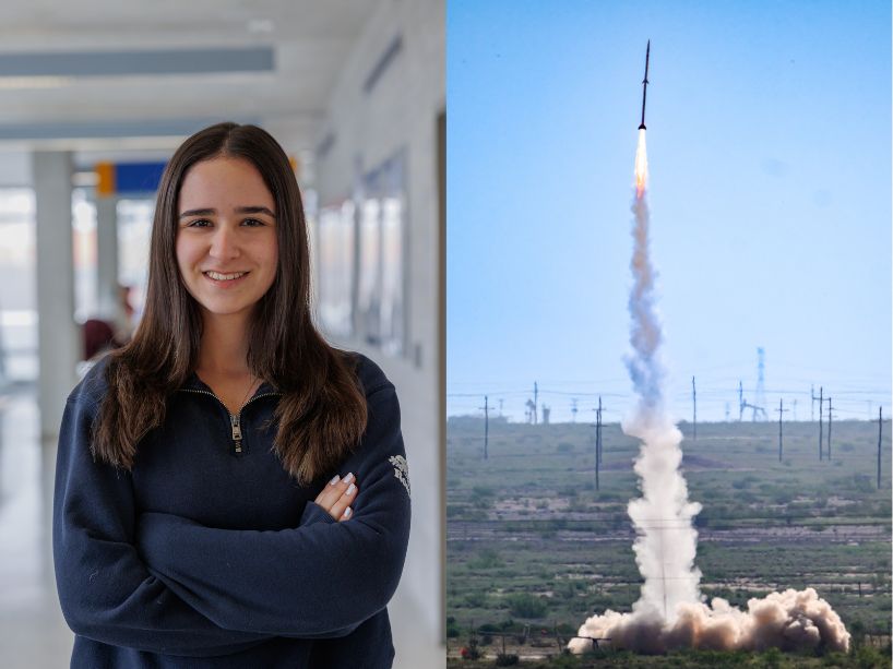 Composite image of Isabella Furlan (left) and rocket launching into the sky (right)