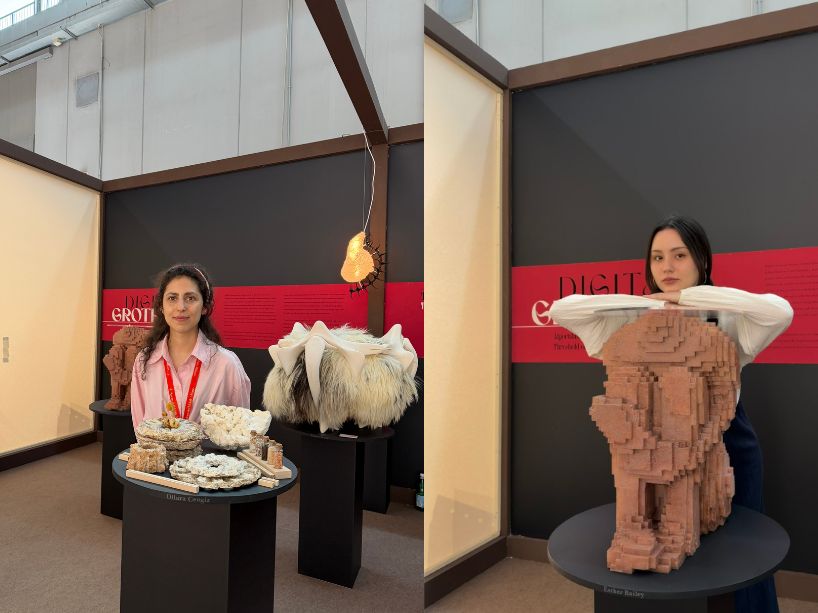 Collage of two students posed with their design.