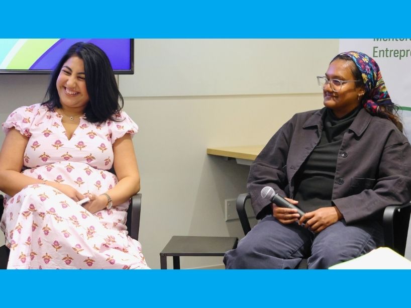 Aanchal Rawal and Shathvahi Ramesh seated during panel discussion.