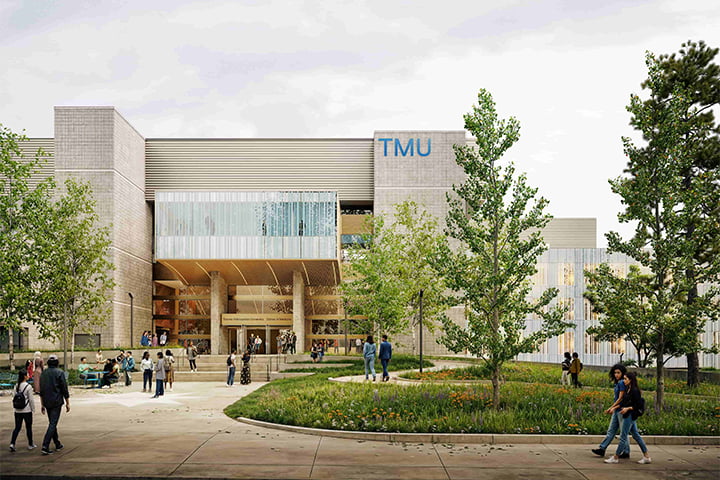 Exterior image rendering of TMU’s School of Medicine building. Rendering by PLAY-TIME, courtesy of Diamond Schmitt.