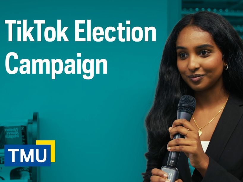 Video thumbnail shows a journalism student during an interview on a new election outreach initiative.