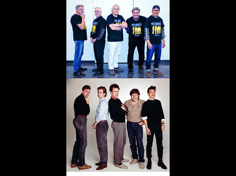 Top photo shows five men wearing black T-shirts that say “Rye High 5” in blue and yellow. The bottom photo is the same group from 45 years ago.