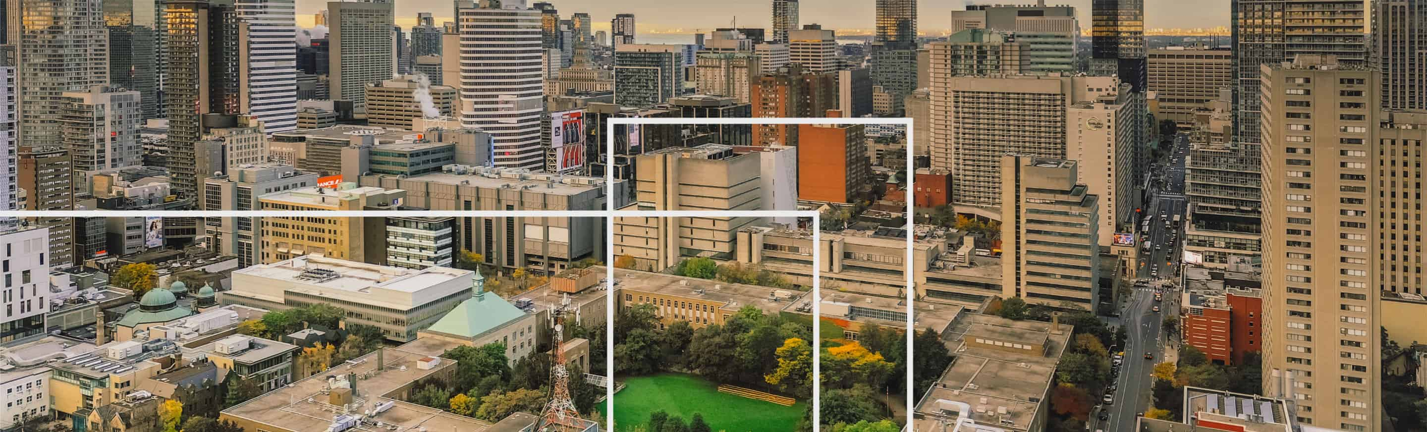 view of the campus in the downtown core, with transparent shapes overlaid on top