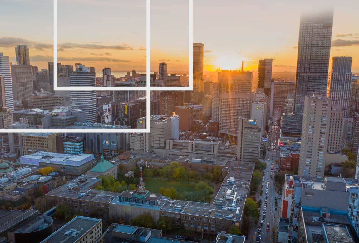 campus in downtown Toronto with the sun behind tall buildings, with transparent shapes overlaid on top