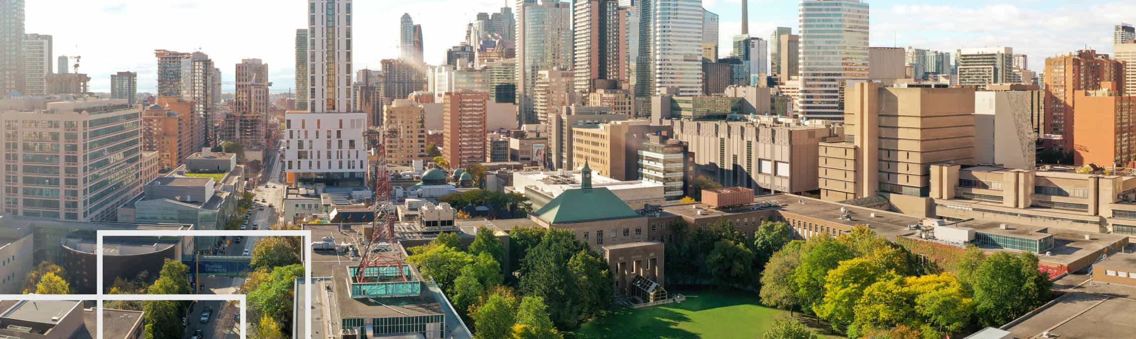 campus in downtown Toronto surrounded by tall buildings, with transparent shapes overlaid on top