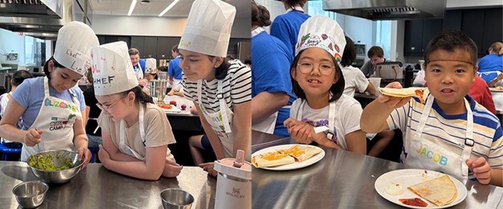 Children making and eating food inside a kitchen