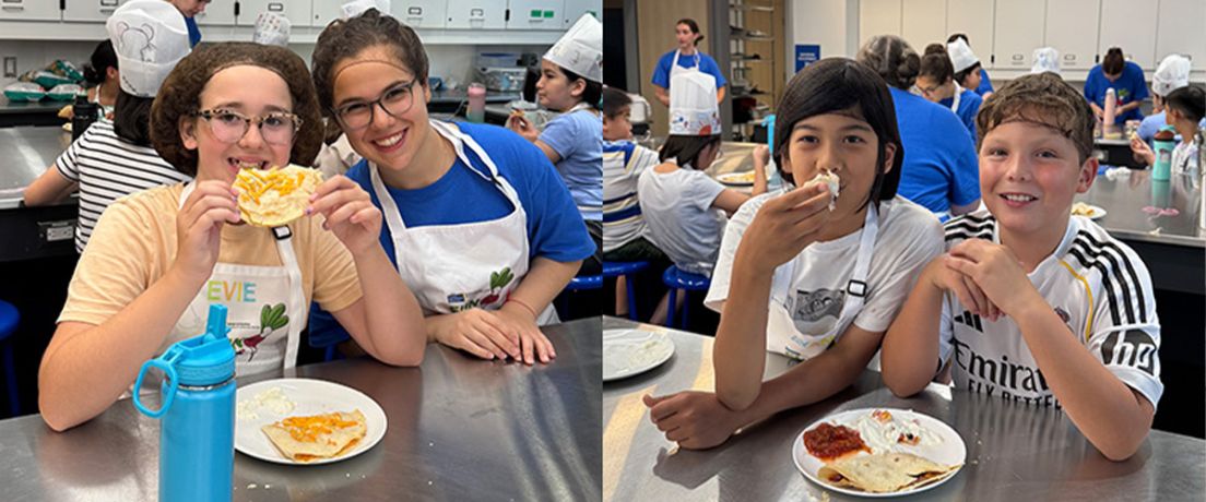 Children posing with their food creations and eating said creations 