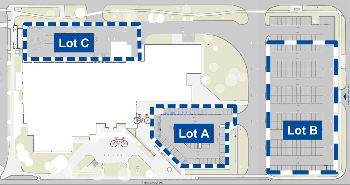 A map showing the different parking lots of the TMU School of Medicine in Brampton.