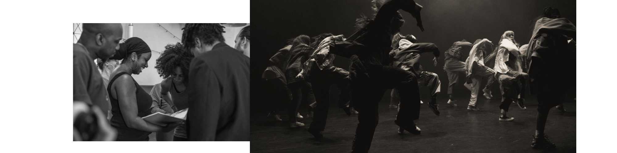 Dance students working with instructor during class; group of dance students performing on stage