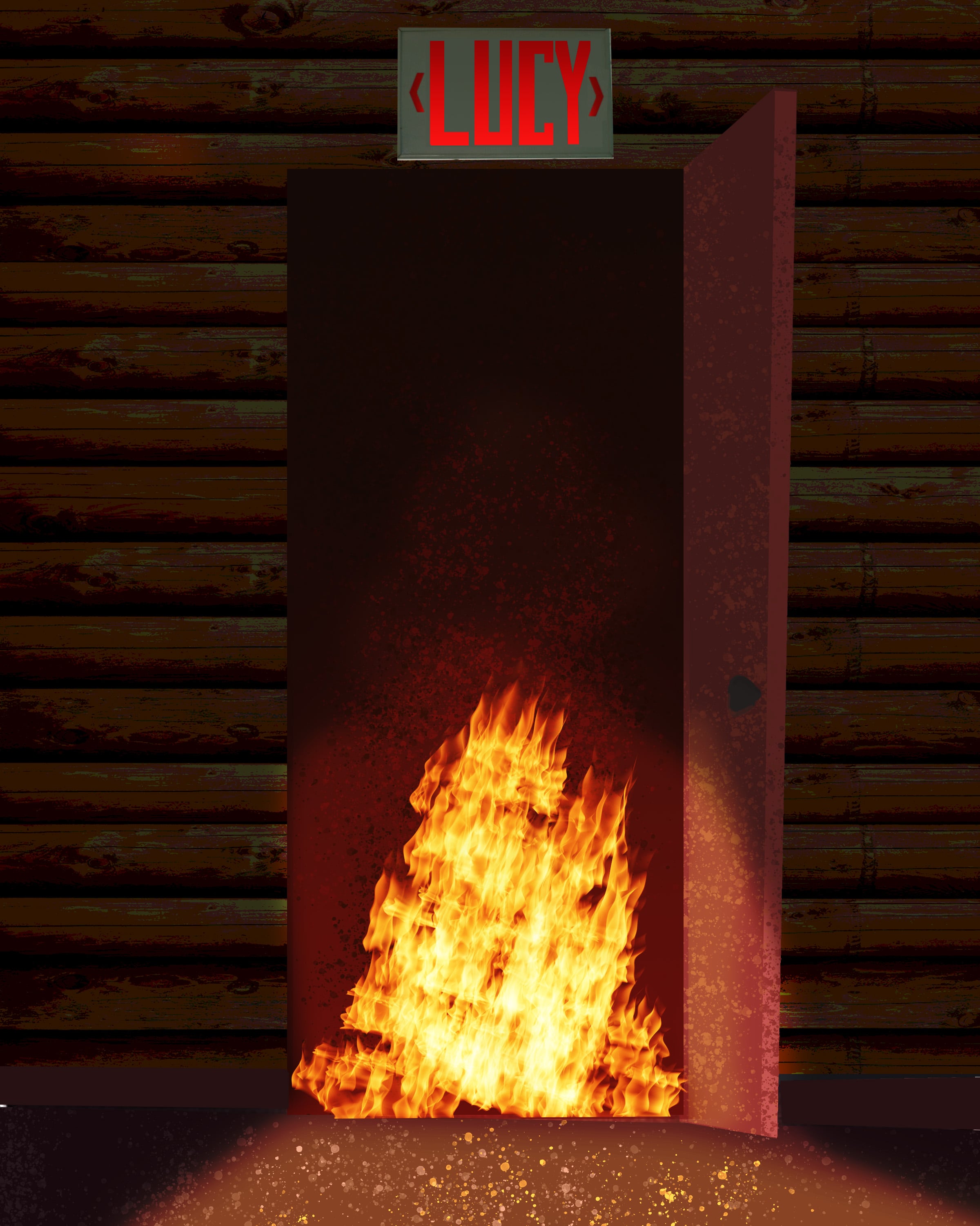 a fire in a doorway of a log building. Above the door the word Lucy appears, as if on an exit sign.