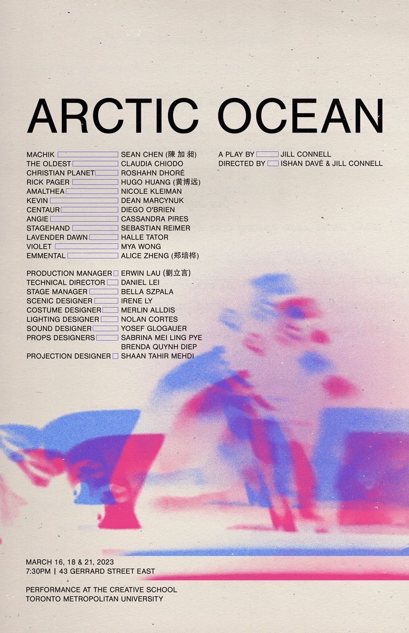 Show poster for 'Arctic Ocean, features cast list, and a blue and red holographic design