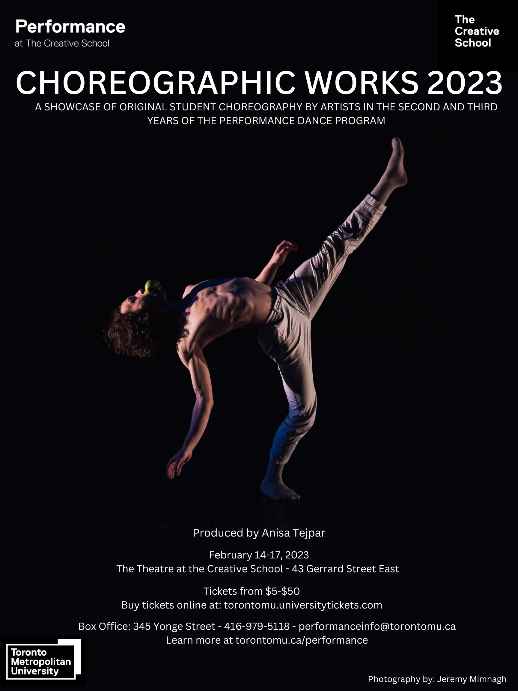 show poster for Choreographic Works 2023. Black background with image of a male dancer kicking his leg into the air, he wears no shirt and holds an apple in his mouth
