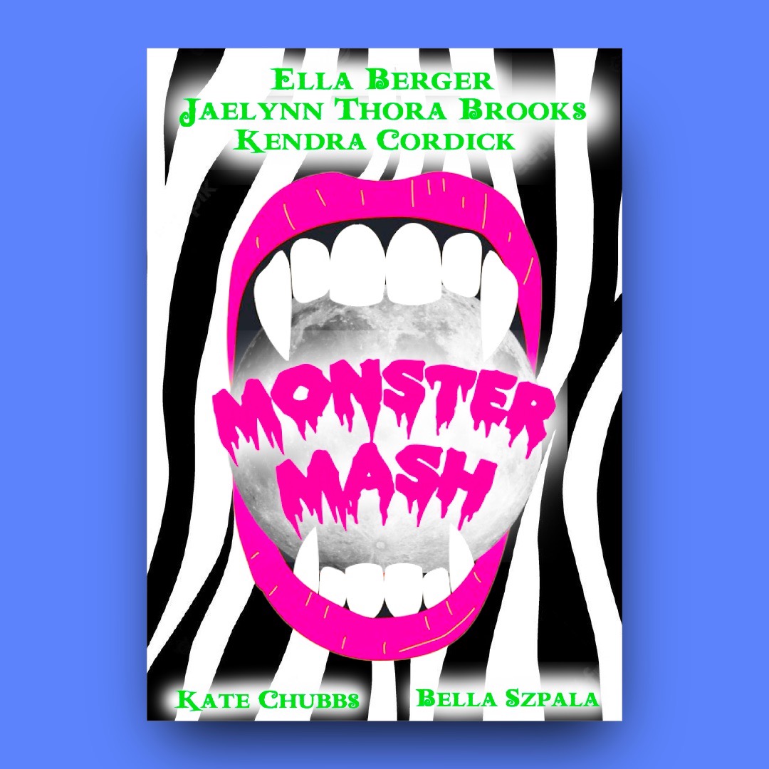 show poster for 'Monster Mash' cropped against a purple backdrop. Background is black and white stripes, there is a pink vampire mouth eating the words monster mash