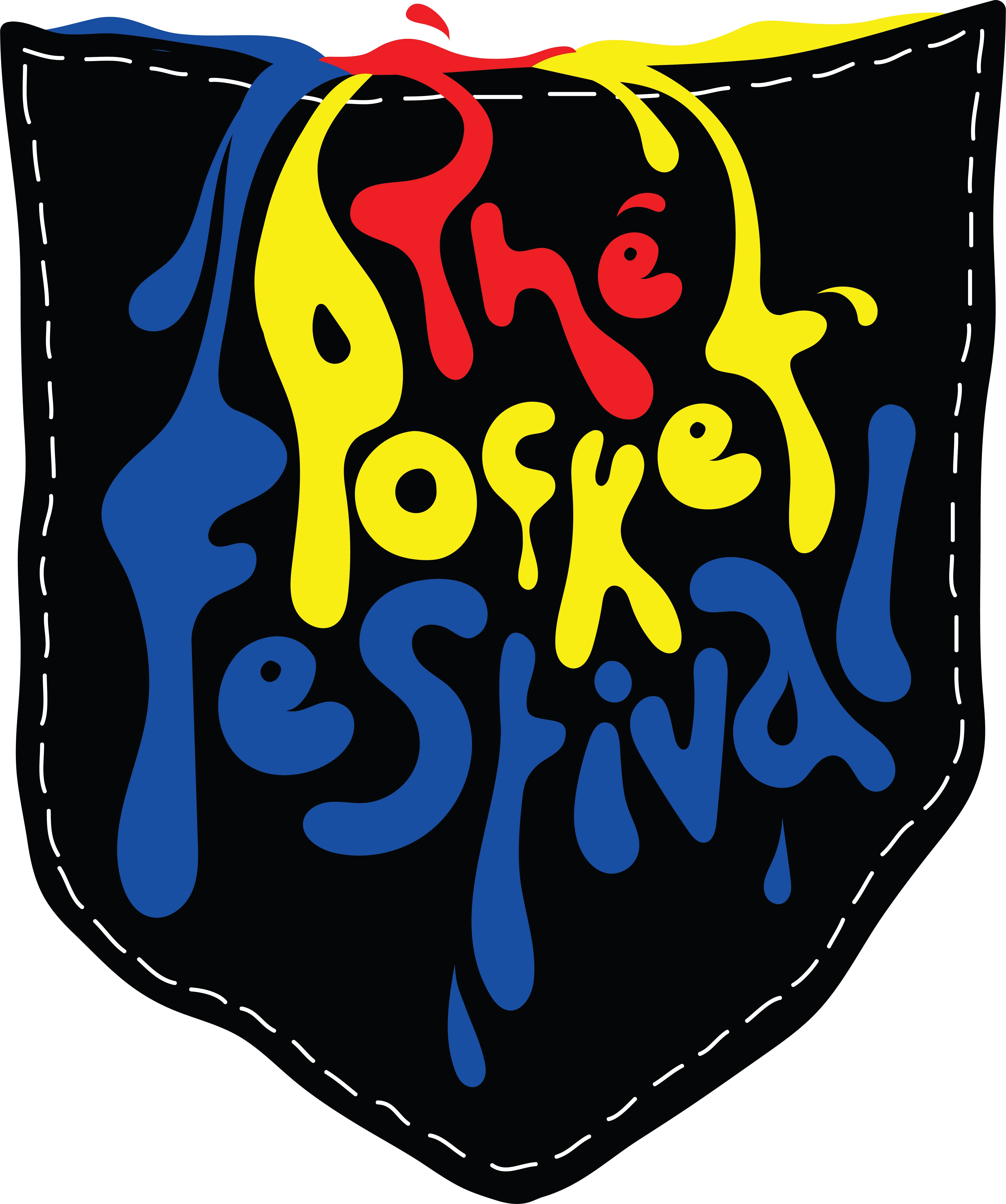 Dripping colourful text: The Pocket Festival, on a cut out in the shape of a jeans pocket.