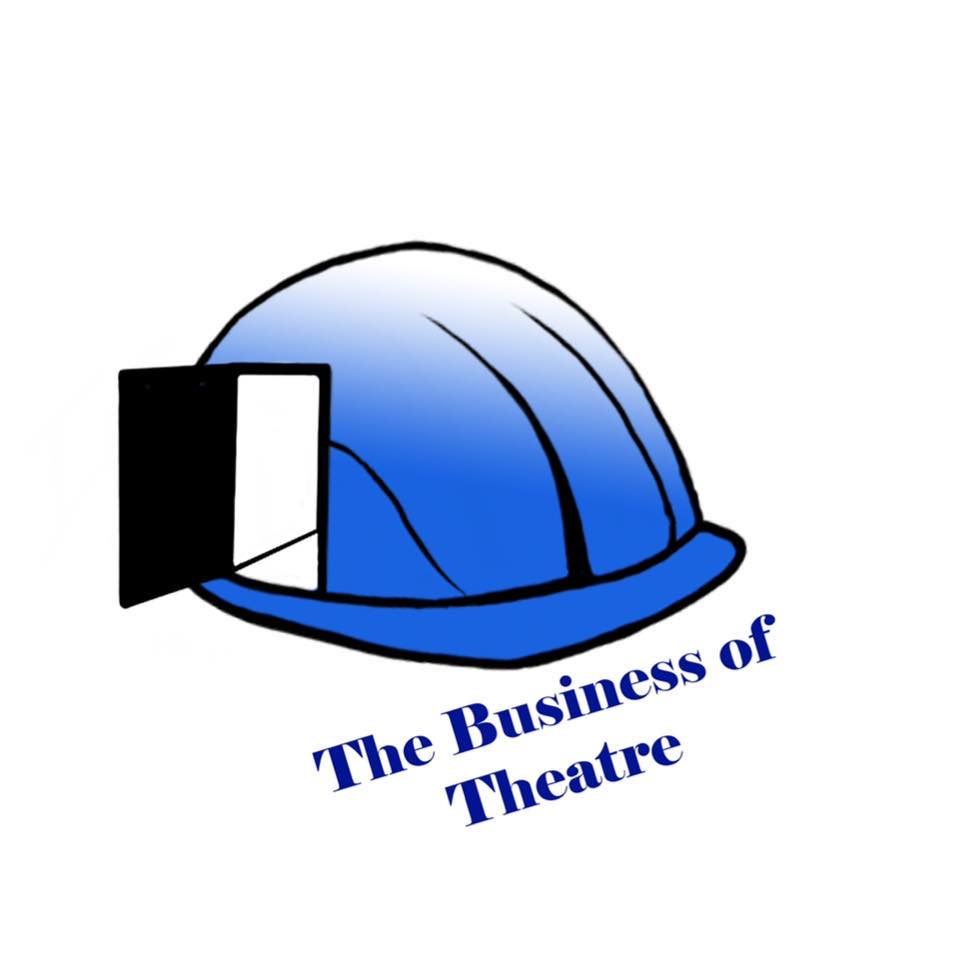 Drawing of a blue hard hat with a door on it. Text read "The Business of Theatre"