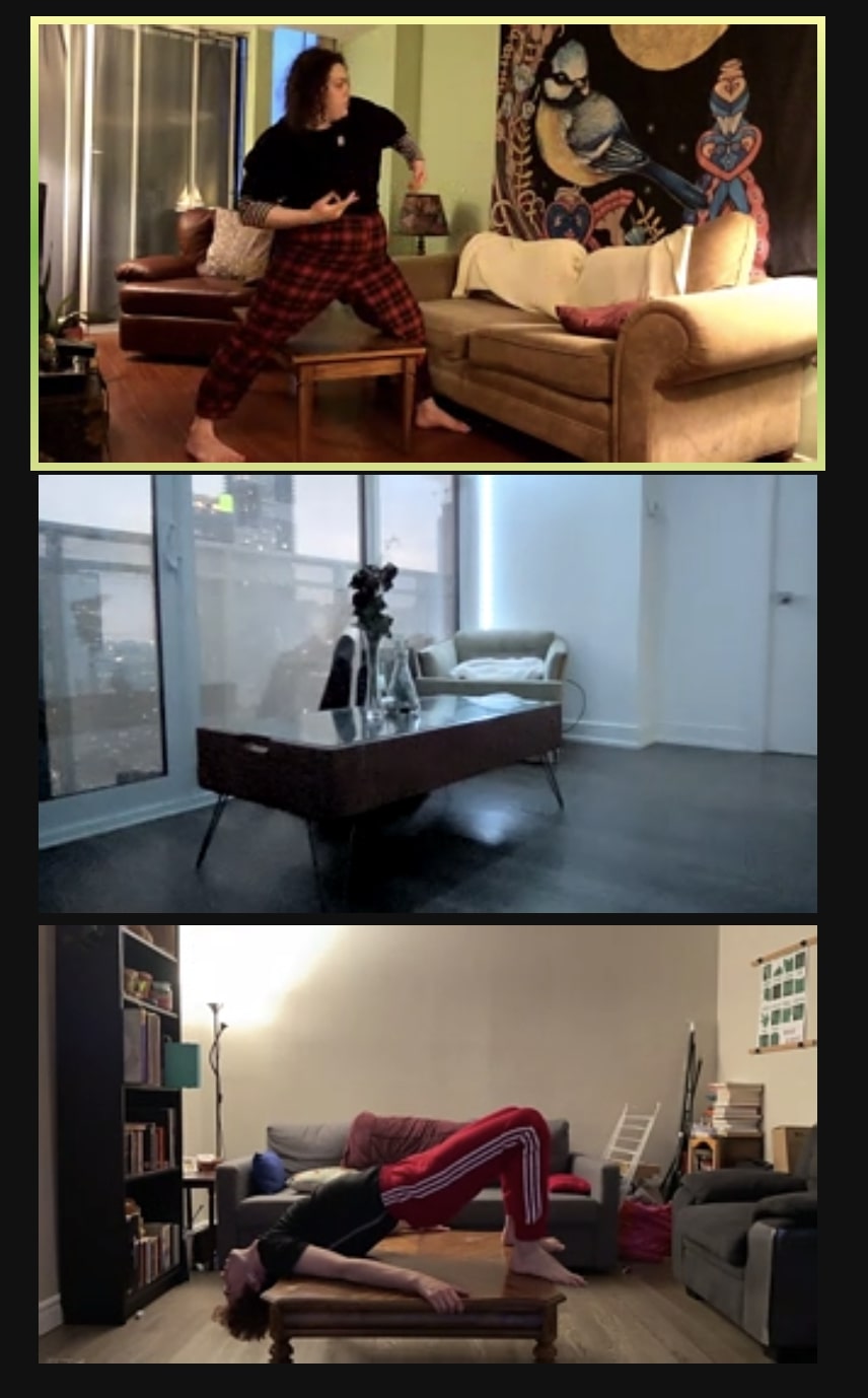 Still from a zoom call. Actors rehearse in strange positions in their homes