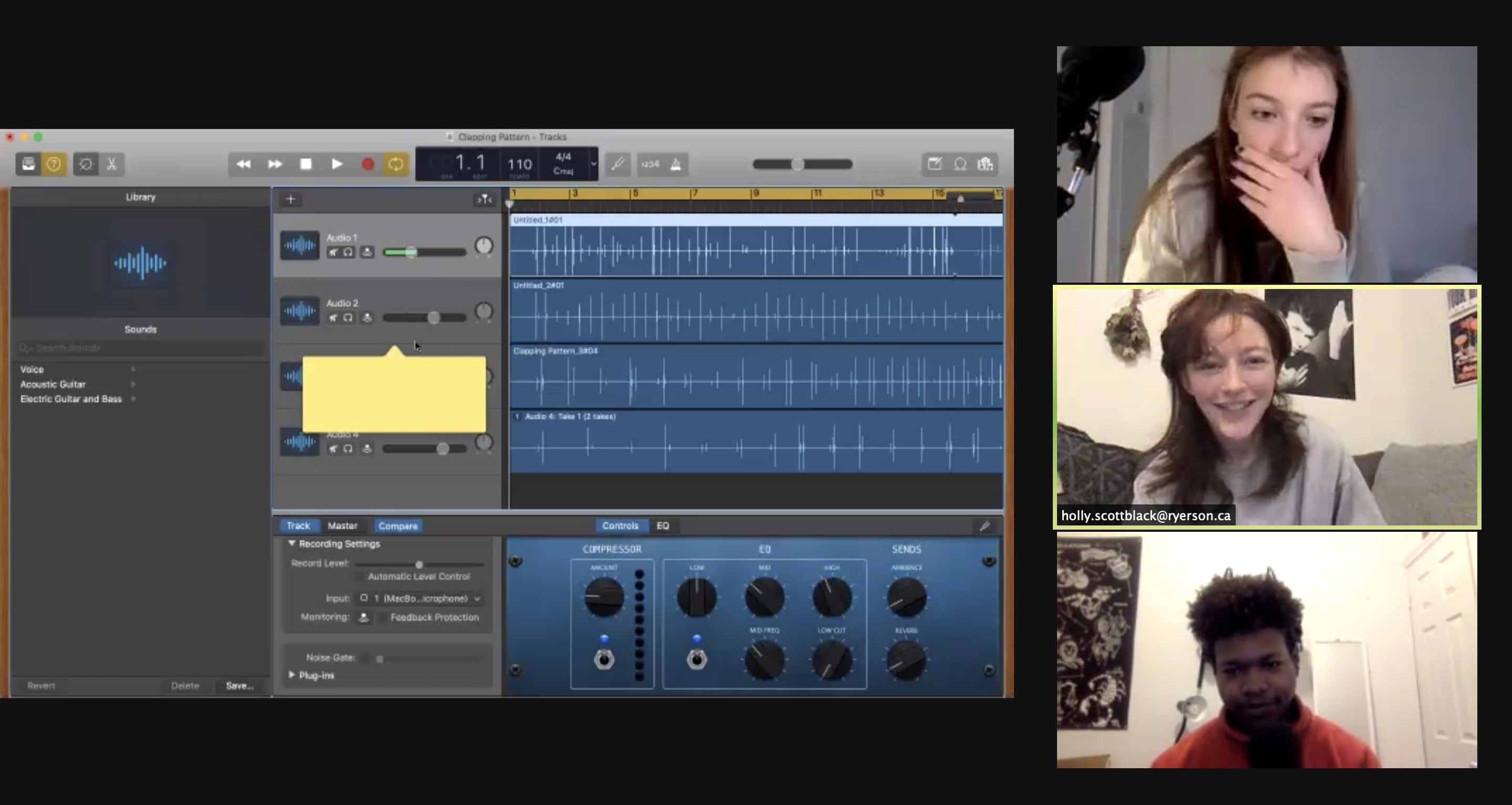Still from a zomm call. 3 actors laugh and smile looking at an audio editing software.