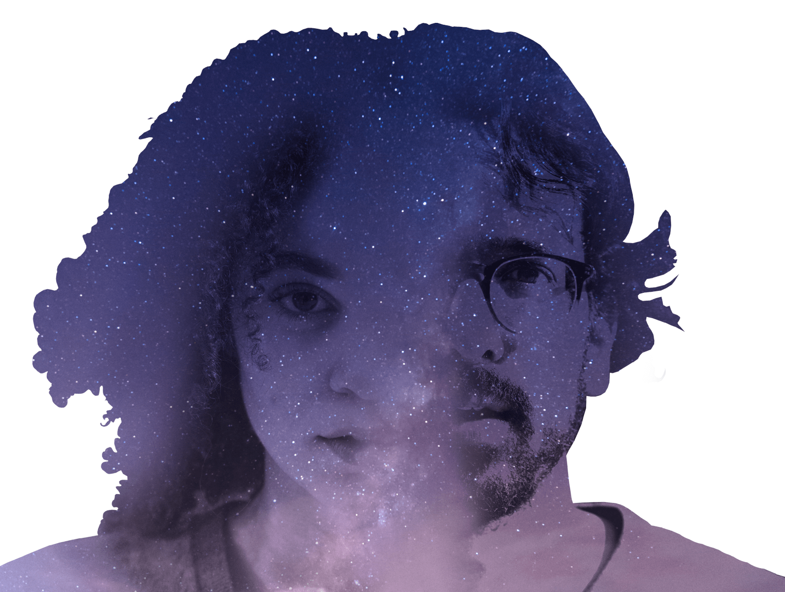 Composite of two faces, put together, overlaid with a starry sky.