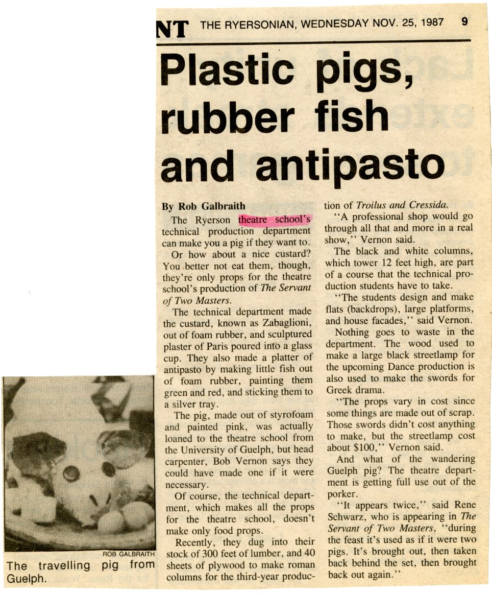 A newspaper clipping with the headline Plastic pigs, rubber fish and antipasto