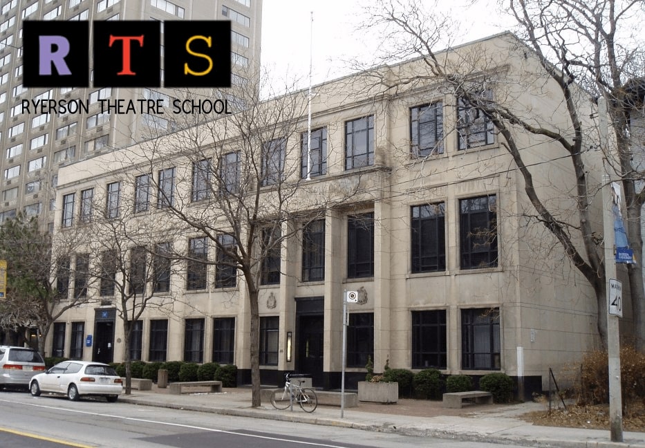 The facade of 44 Gerrard St East with a logo superimposed that reads "RTS, Ryerson Theatre School"