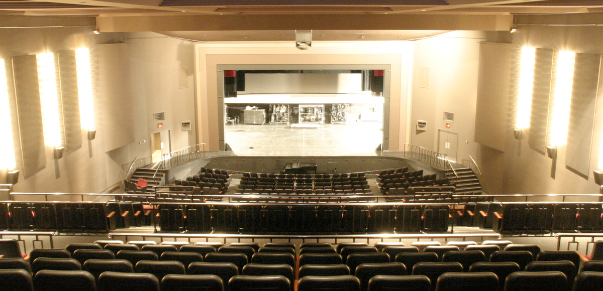 The Ryerson Theatre stage with all the lights on, as seen from the upper balcony. 