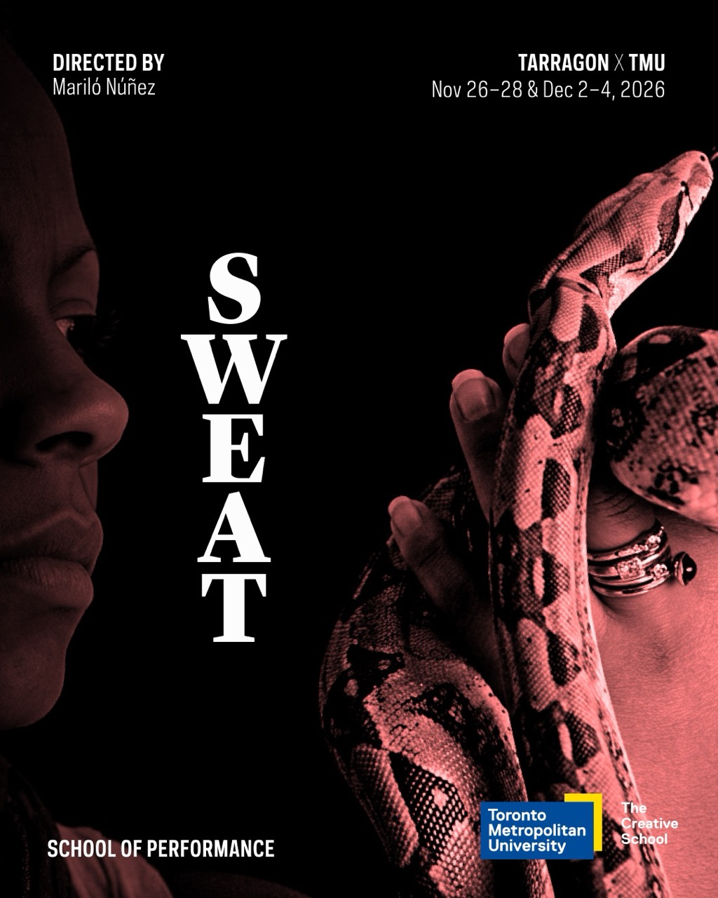 A woman holds a spotted snake. The title "SWEAT" is in the centre.